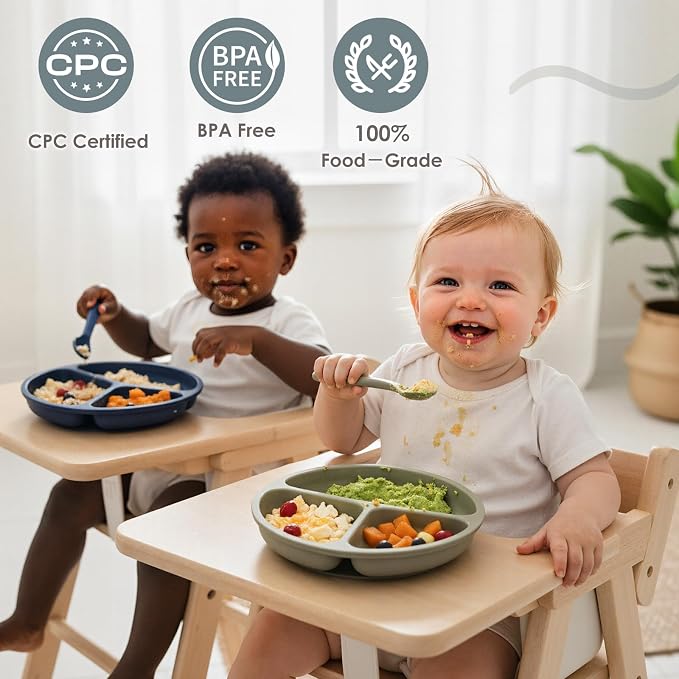 Tiny Marvels Baby Plates 3 Pack, 100% Food Grade Silicone Toddler Plates, Divided Baby Suction Plates, Non-Slip Toddler Plate Set, Baby Led Weaning Supplies, Microwave & Dishwasher Safe