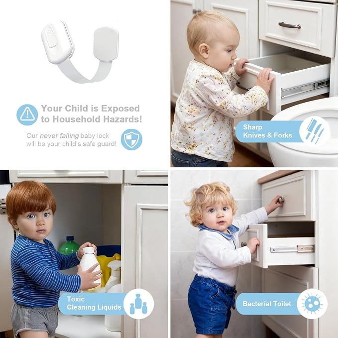 Baby Cabinet Locks 8-Pack Child Safety Cabinet Locks Proofing Safe Quick and Easy Adhesive Cabinet Drawer Door Latches No Screws & Magnets Multi-Purpose for Drawers, Fridge, Ovens, Toilet Seats