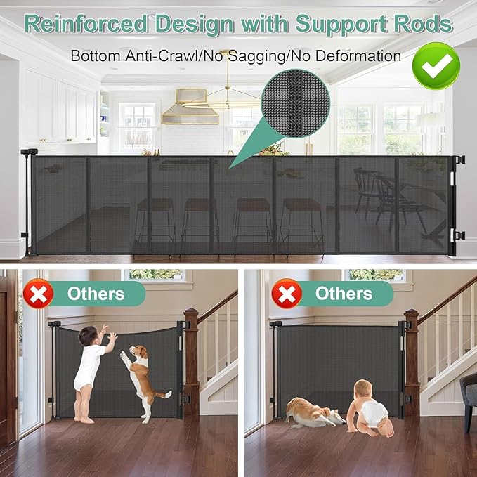 Reinforced 195 Inch Retractable Baby Gates Extra Wide Dog Gate with Support Rods ??Prevent Crawling Under, 16ft Wide Retractable Fence Outdoor Retractable Gate Indoor Long Gates for Kids or Pets/Black