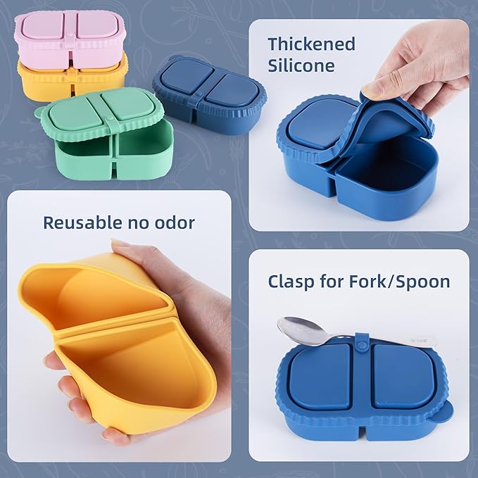 MACTANO 4 Pack Reusable Silicone Snack Containers with Lids, 8.5 oz Double Compartment Condiment Meal Prep Control Containers Portable Small Leakproof for Office Travel Picnic