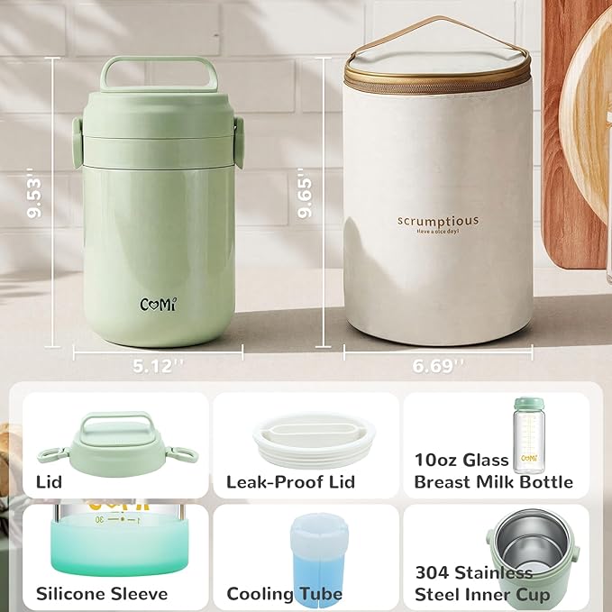 COMI Breast Milk Cooler,24H Triple-Layer Cooling,Breastmilk Storage Bottles Container, 10oz Leak Proof Outdoor Small Freezer,for Travel, Work, Night Pumping, Gift for New Moms(Green)
