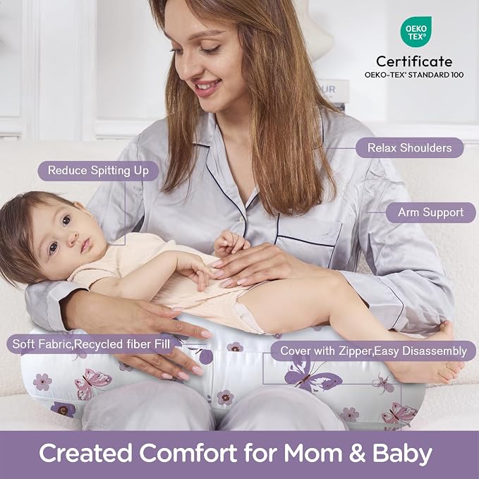 Little Grape Land Ergonomic Nursing Pillow,New Breastfeeding Pillows Support for Mom and Baby,Breathable and Soft with Cute Washable Cover, Multi-Use Feeding Pillow for 0–12 Months, Purple Butterfly