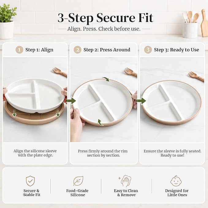 DOWAN 7.8'' Ceramic Toddler Suction Plates, 4 x Divided Baby Plates with Silicone Sleeve, Lead-Free Unspill for Self-Feeding, Microwave & Dishwasher Safe, Easy Release, for Home/High Chair/On-the-Go