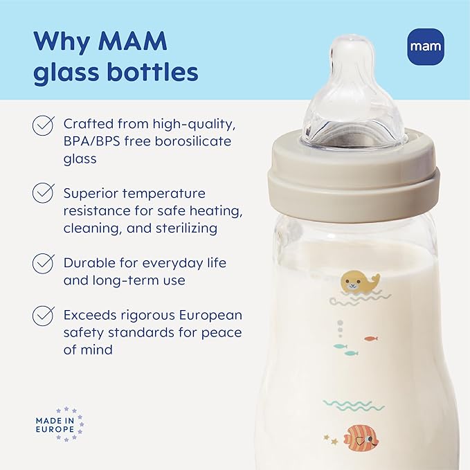 MAM 9oz Premium Glass Baby Bottle Newborn, Wide Neck Medium Flow Breastfeeding Like Silicone Nipple, Easy Clean, BPA Free, 2+ Months, Easy Switch Between Breast and Bottle, 1 Pack, Unisex
