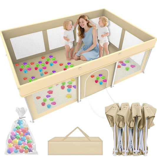 Foldable Large Baby Playpen 50"×71", Portable Playard for Babies & Toddlers, No Assembly, Safe Zipper Gate, Soft Mesh Sides, Ideal for Indoor & Outdoor Use, Includes 100 Ocean Balls, Beige