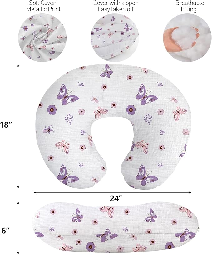 Little Grape Land Nursing Pillow, Soft 100% Cotton Breastfeeding Pillow with Breathable Muslin Removable Cover, Purple Butterfly Breast Feeding Pillows for Babies 0-12 Months with Protective Zipper