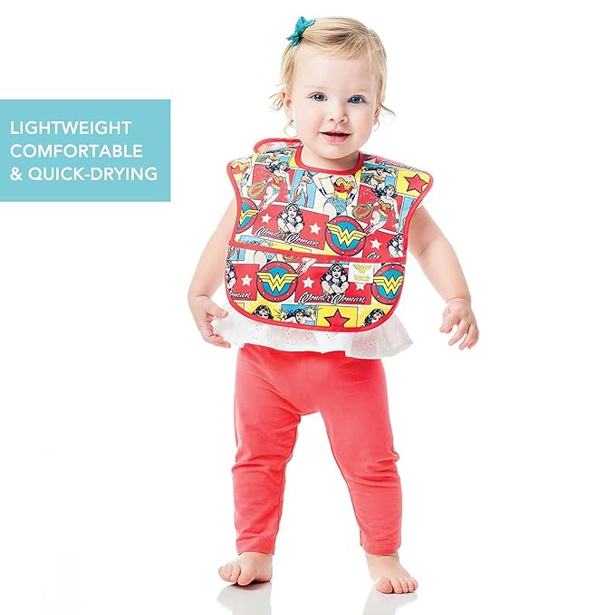 Bumkins Bibs for Girl or Boy, SuperBib Baby and Toddler for 6-24 Months, Essential Must Have for Eating, Feeding, Baby Led Weaning, Mess Saving Catch Food, Waterproof Soft Fabric, 2-pk Wonder Woman