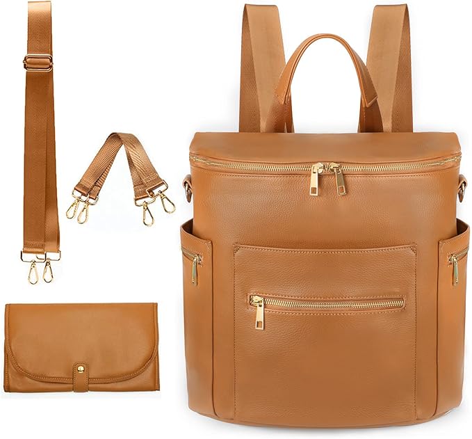 Diaper bag, Leather Diaper Bag Backpack by MF Store, Diaper Backpack with Laptop Sleeve,Changing Pad,Wipes Pouch,Stroller Straps and Insulated Pockets