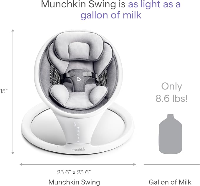 Munchkin Electric Baby Swing, Portable and Lightweight, Bluetooth Enabled Infant Rocker with Natural Sway in 5 Ranges of Motion, Newborn Nursery Essentials, White/Grey