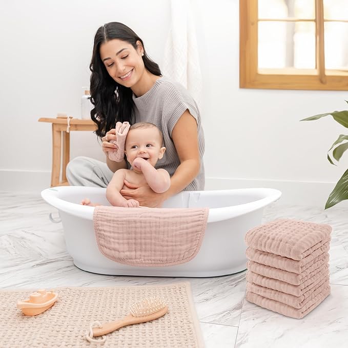 Comfy Cubs Muslin Baby Washcloths 10 Pack - Soft 6-Layer Cotton Wash Cloths for Sensitive Skin - 10"x10" Large, Gentle, Absorbent Infant Essentials for Newborn and Toddlers - Blush