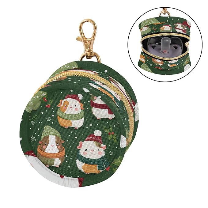 Pacifier Holder with Clip Pacifier Case for Diaper Bag Round Baby Pacifier Pouch Box Bag Portable Green Christmas Guinea Pigs Holly Fruit