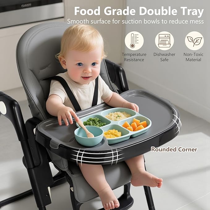 Kinder King Convertible High Chair for Babies & Toddlers, Adjustable Baby Feeding High Chair with Removable Double Tray, Simple Compact Fold for Space-Saving, 2 Built-in Wheels, Easy to Clean, Gray