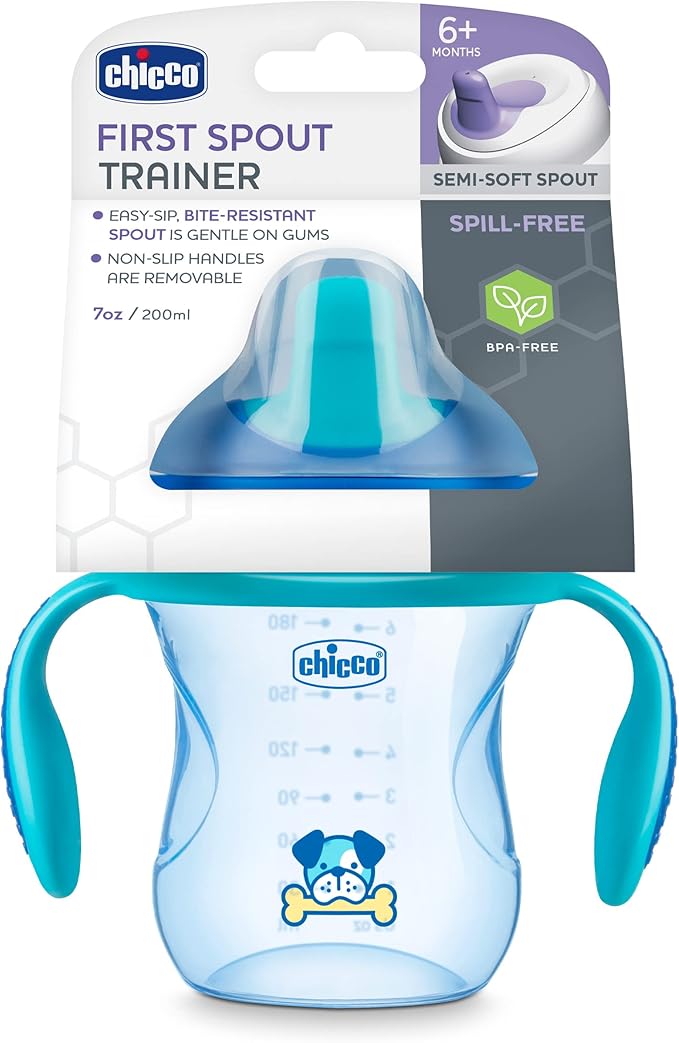 Chicco 7oz. Semi-Soft Trainer with Bite-Resistant Spout and Spill-Free Lid | Removable, Non-Slip Handles | Top-Rack Dishwasher Safe | Easy to Hold Ergonomic Indents | Blue| 6+ months (Pack of 2)