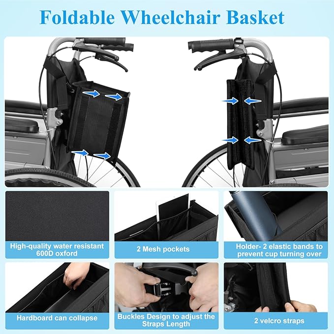 Dotday Wheelchair Basket for Back, Large Capacity Wheelchair Backpack Storage Bag with Cup Holder