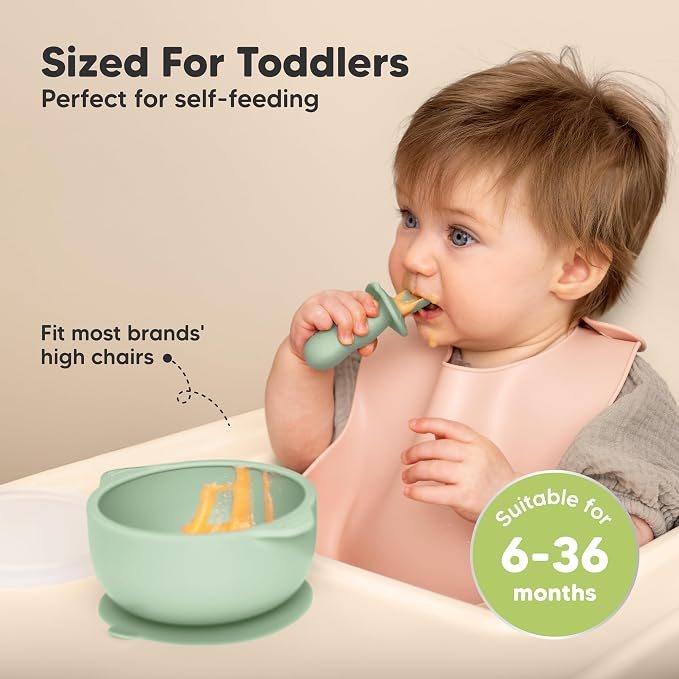 Keababies 4-Pack Silicone Baby Spoons and Forks Set and 2-Pack Baby Bowls with Suctions, Lids - Baby Spoon Self Feeding, BLW Baby Utensils - Silicone Suction Bowls for Baby Boy, Girl