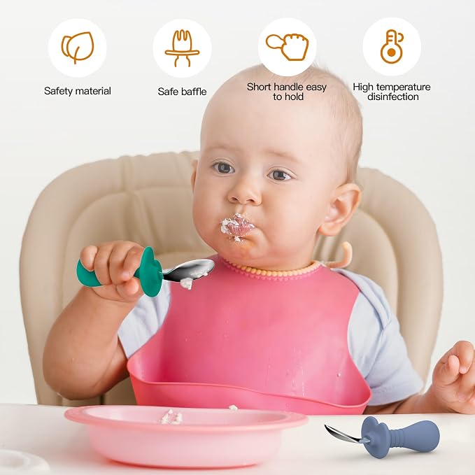 Baby Spoons Toddler Spoons for Self Feeding, Kids Spoons with Silicone Round Handle, Stainless Steel Toddler Utensils Children Safe Silverware Set, Anti-Choke Design, BPA Free (Grey, Lite Blue)