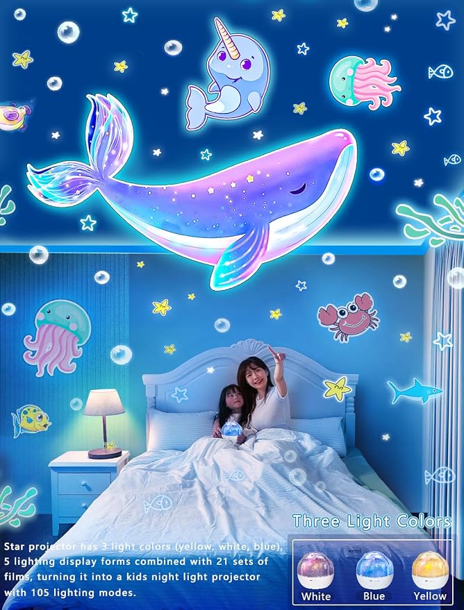 Kids Night Light Projector + 21 Sets of Films, Projector Night Light for Kids Bedroom, Ceiling, Star Galaxy Projector for Baby Girls with 360° Rotation, Dimmable for Birthday, Christmas, Room Decor