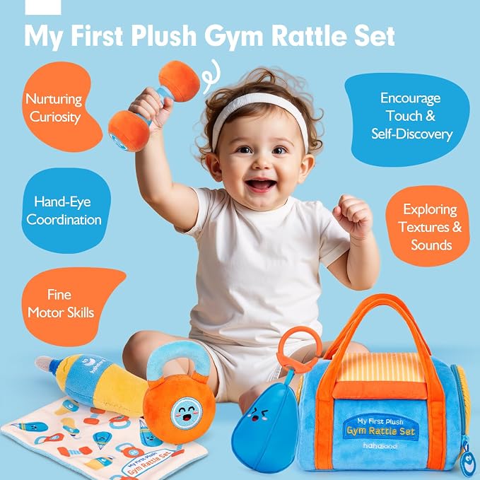 hahaland Baby Toys 6-12 Months - Baby Toys 3-6 Months Montessori Toy for 6 Month Old, Sensory Toy for Babies Workout Weights Dumbbell Toy Set with Soft Rattles Mirror, Easter Gifts for Baby
