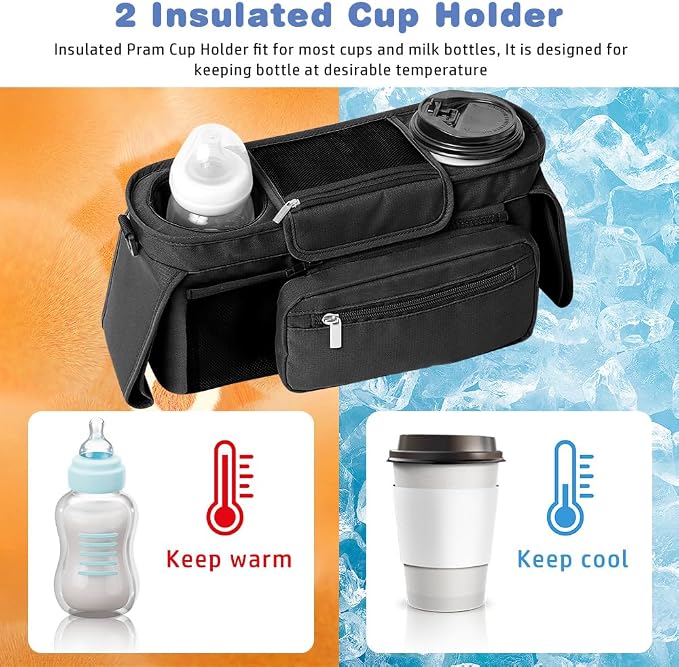 Baby Stroller Organizer, Universal Stroller Organizer with Detachable Phone Bag, Stroller Caddy with 2 Insulated Cup Holders, Buggy Organizer Bag with 2 Hooks Fits Most Strollers (Balck)