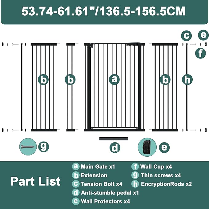 AiWMGL 40.55" Tall, 53.74-61.61 Inch Wide, 1.37" Ultra Narrow Spacing Dog Pet Baby Gate Indoor for Doorway Hallway, Pressure Mounted 54 55 56 57 58 59 60 61 Inches Wide Black