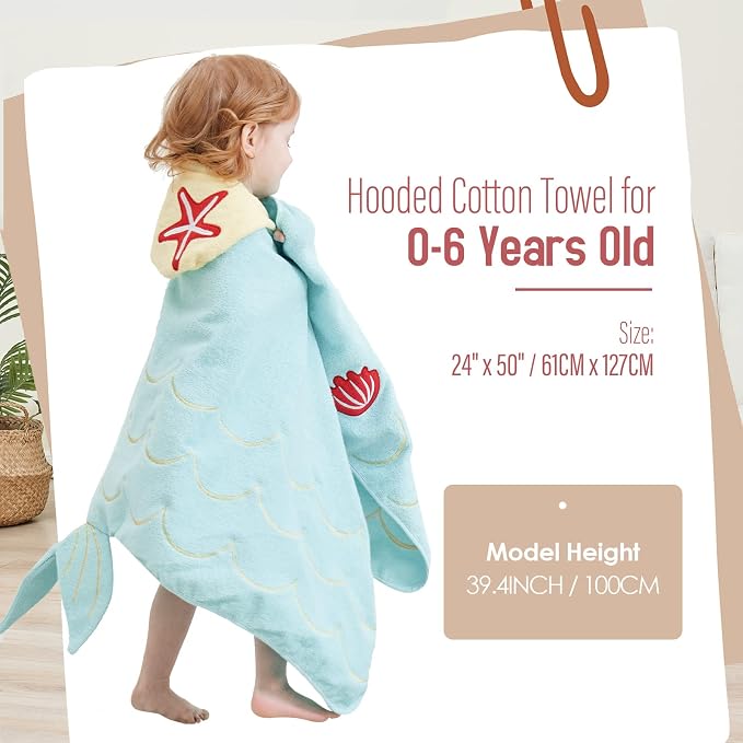Style Quarters Premium 100% Cotton Terry Kids Beach Towel with Mermaid Embroidery - Hooded Bath Towel for Toddlers, Cyan 50"x24"