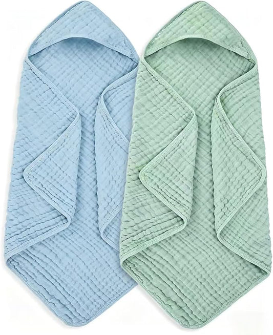 Muslin Hooded Baby Towels Baby Bath Towel with 100%, 32x32 Inch Cotton Super Soft Super Absorbent, Suitable for Newborn Care and Young Children Up to 3 Years Old（Blue & Green）