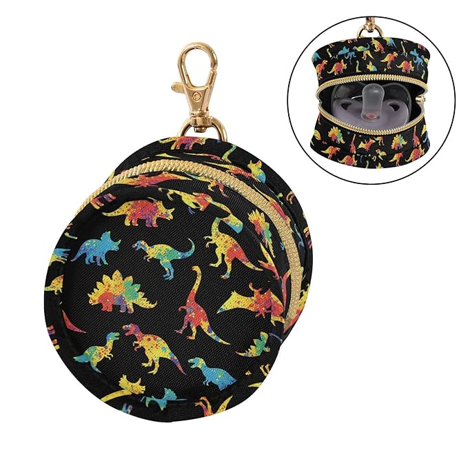 Colorful Dinosaurs Black Pacifier Holder Case Newborn Pacifier Storage Pouch for Boys Girls Easy Attach to Diaper Bag Portable Baby Essentials Container