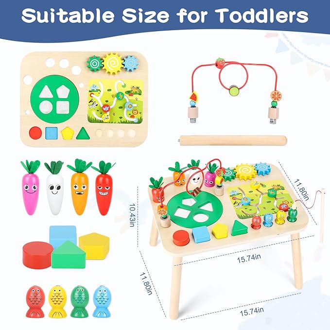 Activity Table, Montessori Toys for 1 2 Year Old Girls Boy Gifts, 7 in 1 Wooden Sensory Play Table for Toddler 1 2 3, Learning Toys for Baby 12-18 Months 1st Christmas Birthday Gifts