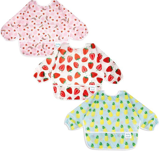 3 Pcs Long Sleeved Bib Set|Baby Waterproof Bibs with Pocket Bundle|Toddler Bib with Sleeves|Stain Resistance Smock 6-24 Month