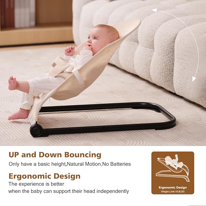 Baby Bouncer,Baby Bouncer Seat,Portable Infant Bouncer with 3-Point Safety Harness,Ergonomic Bouncy seat, Bouncer for Babies 0-6 Months up to 20lbs (Mesh Beige)
