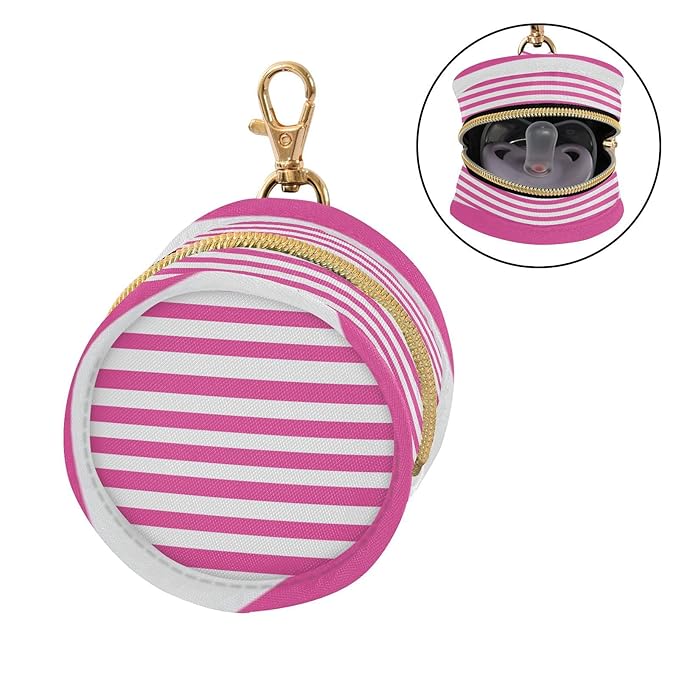 Pacifier Holder with Clip Pacifier Case for Diaper Bag Round Baby Pacifier Pouch Box Bag Portable Hot Pink White Stripes