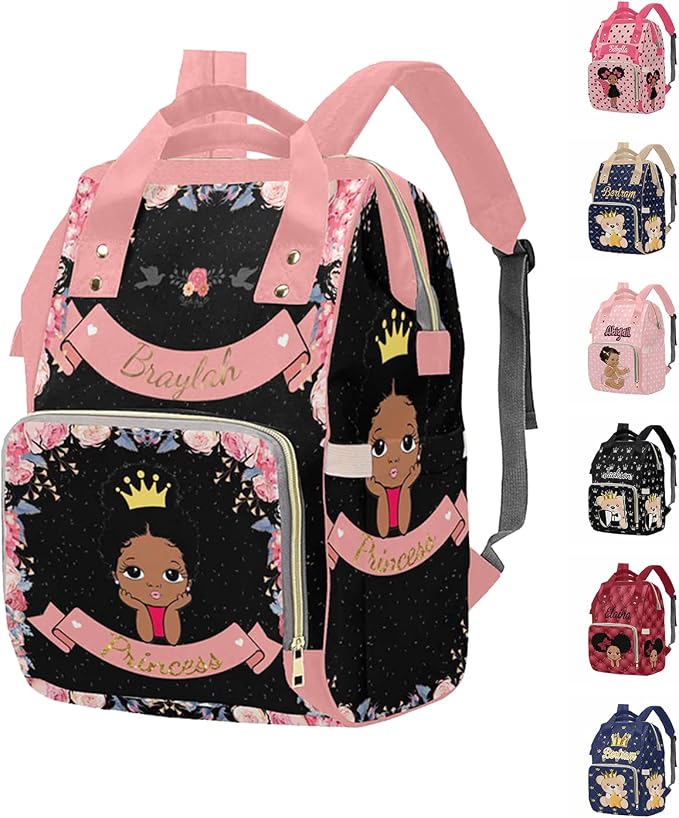 M YESCUSTOM Personalized Name Floral Diaper Bag, Customized Black Nursing Mommy Daypack with Large Capacity Nylon Backpack for Travel Holiday Gift for Women