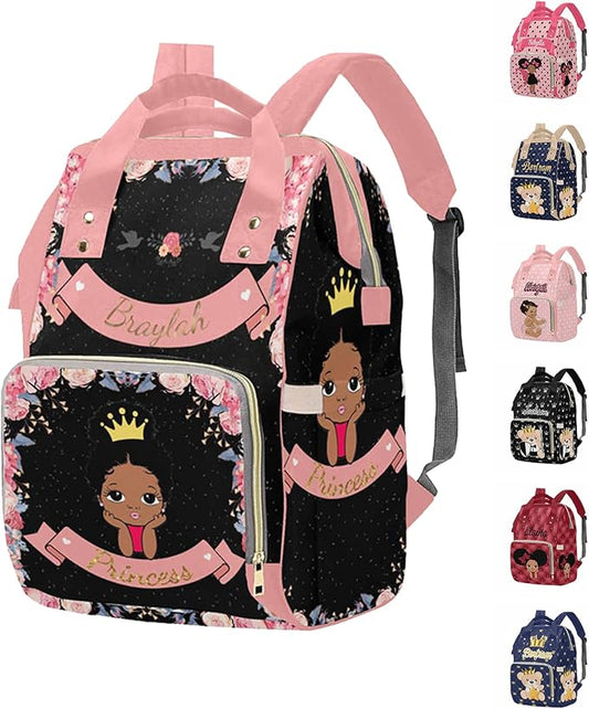 M YESCUSTOM Personalized Name Floral Diaper Bag, Customized Black Nursing Mommy Daypack with Large Capacity Nylon Backpack for Travel Holiday Gift for Women