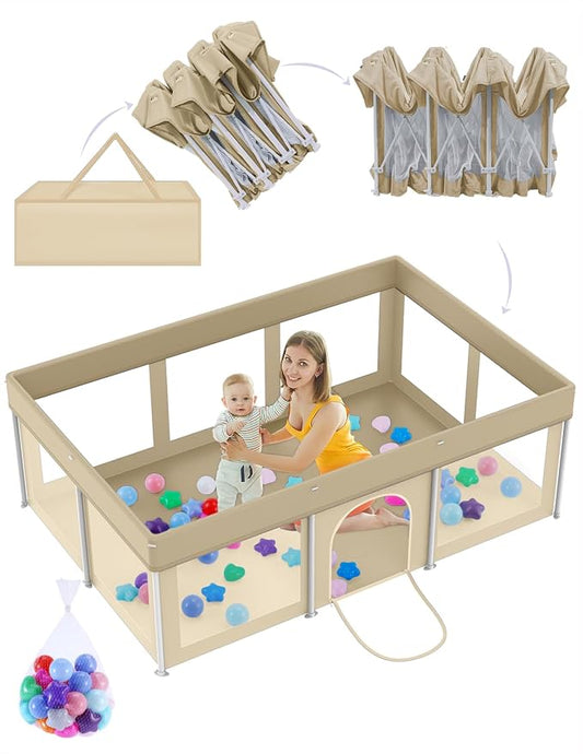 Foldable Large Baby Playpen 50"×71", Portable Playard for Babies & Toddlers, No Assembly, Safe Zipper Gate, Soft Mesh Sides, Ideal for Indoor & Outdoor Use, Includes 100 Ocean Balls, Beige