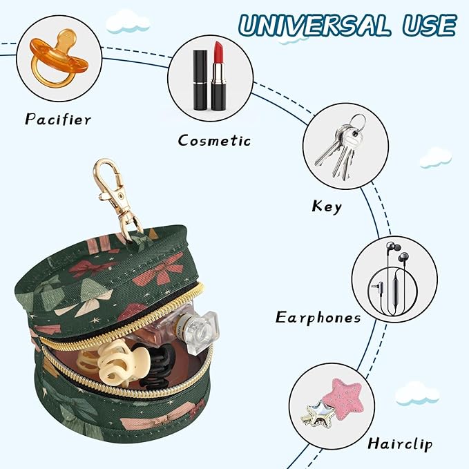 Pacifier Holder with Clip Pacifier Case for Diaper Bag Round Baby Pacifier Pouch Box Bag Portable Dark Green Bows and Stars
