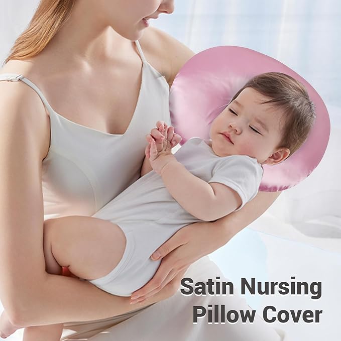 Soft Satin Nursing Pillow Cover, Skin Friendly, Washable, Breathable, Breastfeeding Pillow Slipcover Compatible for Feeding and Newborn Care (Pink)