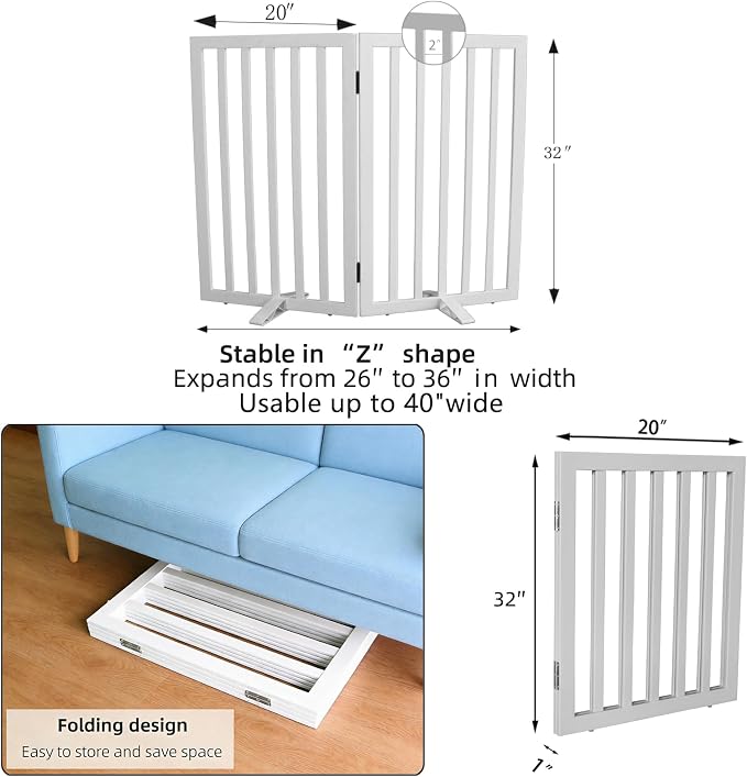 Dog Gate Indoor, Freestanding Dog Fence for The House, Doorways, Hallways,or Stairs,Pet Gate Foldable Wooden,Expandable 32" Height 2 Panels,White