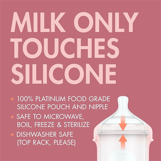 Boon Nursh Reusable Silicone Pouch Baby Bottles - Slow Flow Nipple - Silicone Baby Bottle Pouch and Nipple - Baby Feeding Essentials - Pink - 0-3 Months - 3 Count - 4 Ounce