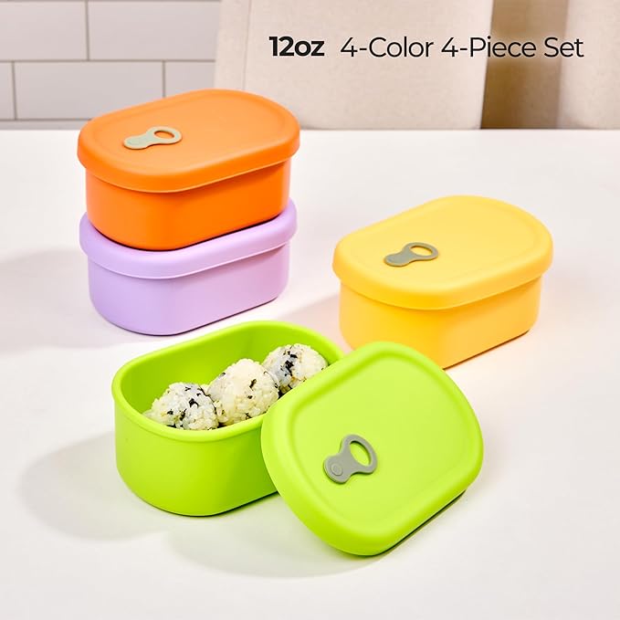 Premium Korean-Made Silicone Airtight Food Container with Steam Vent ??BPA Free, Leakproof, Microwave & Freezer Safe Meal Prep. & Leftovers Storage (4p Multi-Color Set, 12 floz (350ml))
