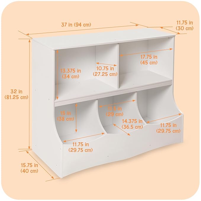 Badger Basket Multi-Bin Storage Cubby for Kids - Toy Organizer with 3 Cubbies, 2 Open Shelves, Display Top for Playroom or Bedroom - Storage Unit for Toys, Books & More - White