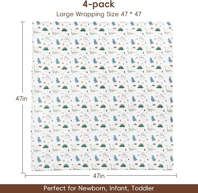 david's kids 3 Pack Baby Muslin Swaddle Blankets, 100% Cotton and Ultra Soft Breathable Receiving Blanket Wrap for Boys Girls, New Born Essentials, Large 47 x 47 inches, Dinosaur