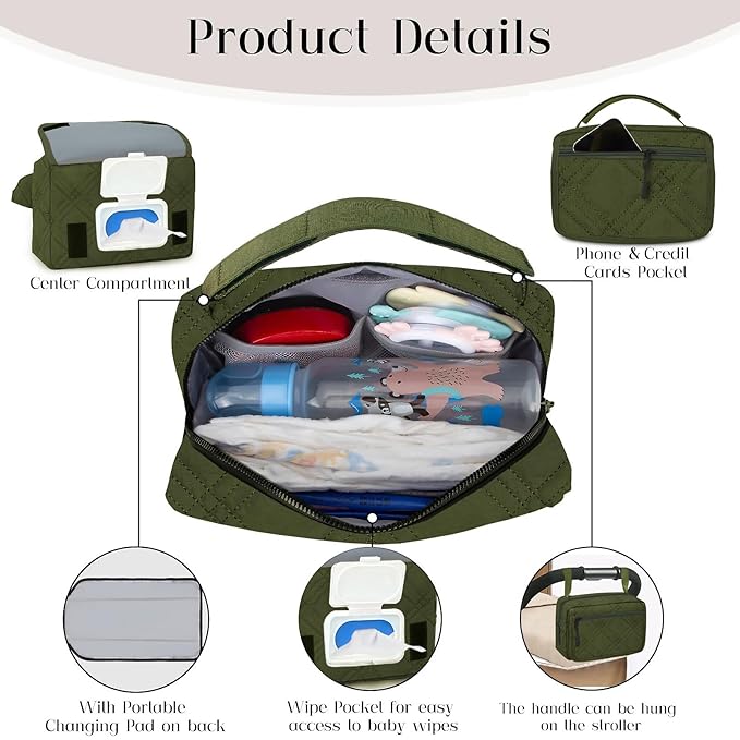 Small Diaper Bag with Portable Changing Pad, Mini Crossbody Diaper FannyPack with Wipes Pocket, Women Waist Bag for Travel (Quilted Olive Green, Large)