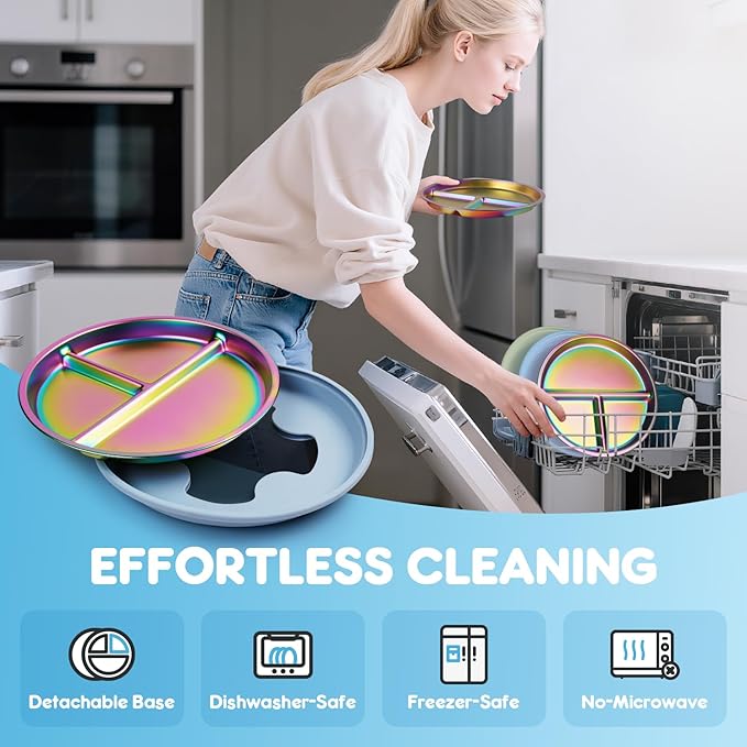 Stainless Steel Toddler Plates with Suction, 9" BPA-Free Rainbow Baby Plates 2pcs with Removable Food-Grade Silicone Base, Divided Kids Plates Dishwasher Safe, Blue & Green