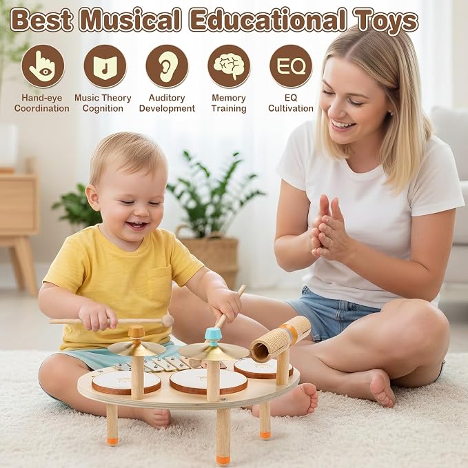 Vanplay Drum Set for Toddler - Toys for 2 3 4 Year Old Girls Boy Gifts - 9 in 1 Wooden Montessori Musical Instruments with Xylophone for Kids 3-5, Christmas Birthday Gifts for Toddlers 2-4