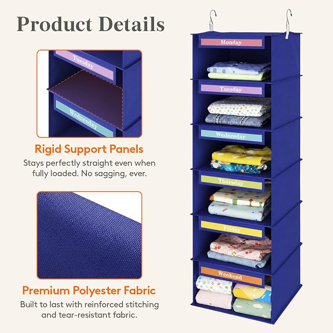 Lifewit 6 Shelf Weekly Clothes 0rganizer for Kids, Baby Hanging Closet Storage with Color Labels for School Outfits, Todder Daily Clothing Divider with Days of The Week Monday to Friday Weekend, Blue