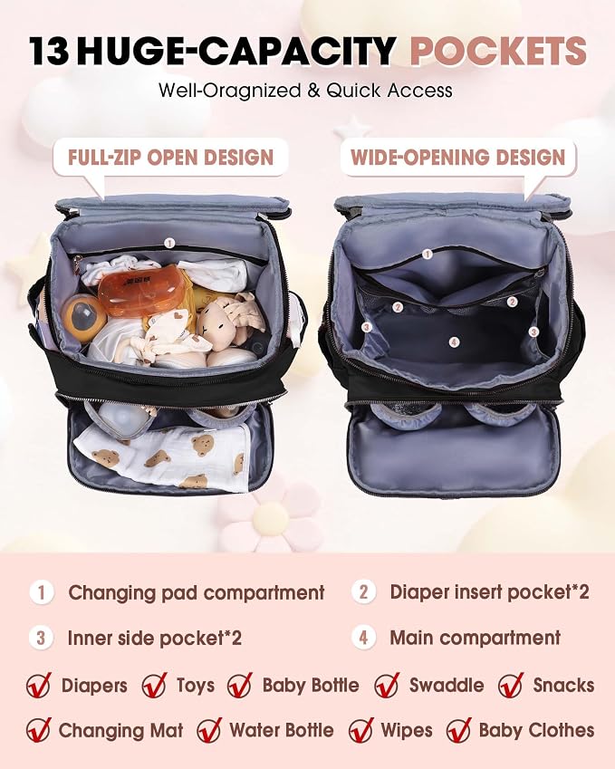 Baby Diaper Bag Backpack, Expandable Baby Bag for Girl Boy, Travel Diaper Backpack with Insulated Pocket, Changing Pad, Quilted Diaper Bag for Mom Dad, Newborn Baby Essentials Must Have Black