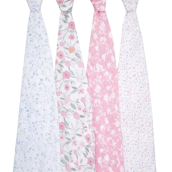 aden + anais Boutique Muslin Swaddle Blanket for Baby Girls and Boys, Newborn Receiving Blanket for Swaddling, 100% Muslin Cotton Swaddle Wrap, 4 Pack, Mon Fleur
