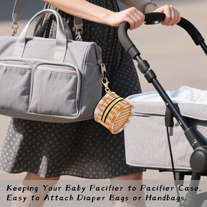 Pacifier Holder with Clip Pacifier Case for Diaper Bag Round Baby Pacifier Pouch Box Bag Portable Orange Gingham Checkered