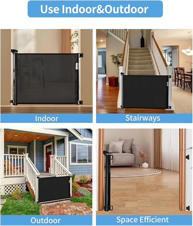Retractable Baby Gate for Stairs – 33” Height, Expands up to 55” Width – Safety Gate for Infants, Toddlers, Dogs & Pets – Easy Install, Secure Closure, Black Mesh Design for Indoor & Outdoor Use