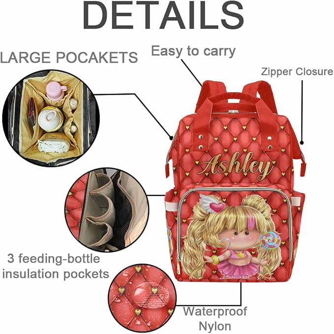 M YESCUSTOM Custom Name Mommy Backpack for Mom Personalized Diaper Bag with Large Capacity for Travel Birthday Gift for Women Red
